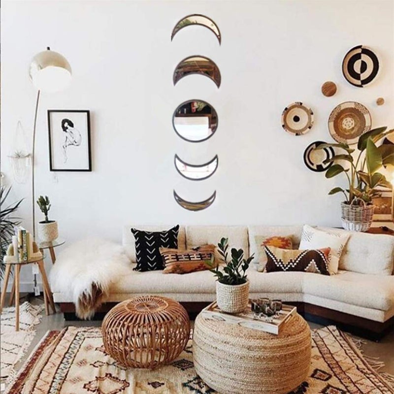 Keweis Scandinavian Decor 5-Piece Acrylic Wall Decor - Wooden Moon Phase Mirror, Bohemian Design for Living Room, Bedroom - Beige - Image 4